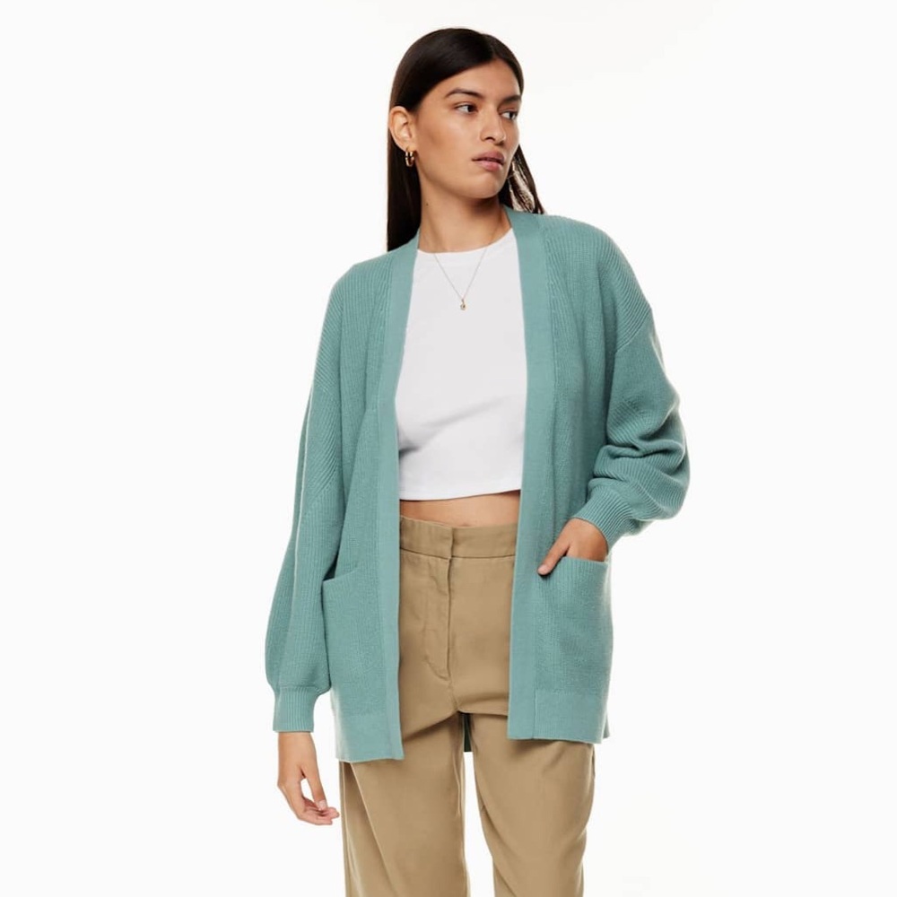 Wilfred Free Unwind Cardigan Relaxed Fit Merino Wool Ribbed Cotton Teal Sz XS-S
